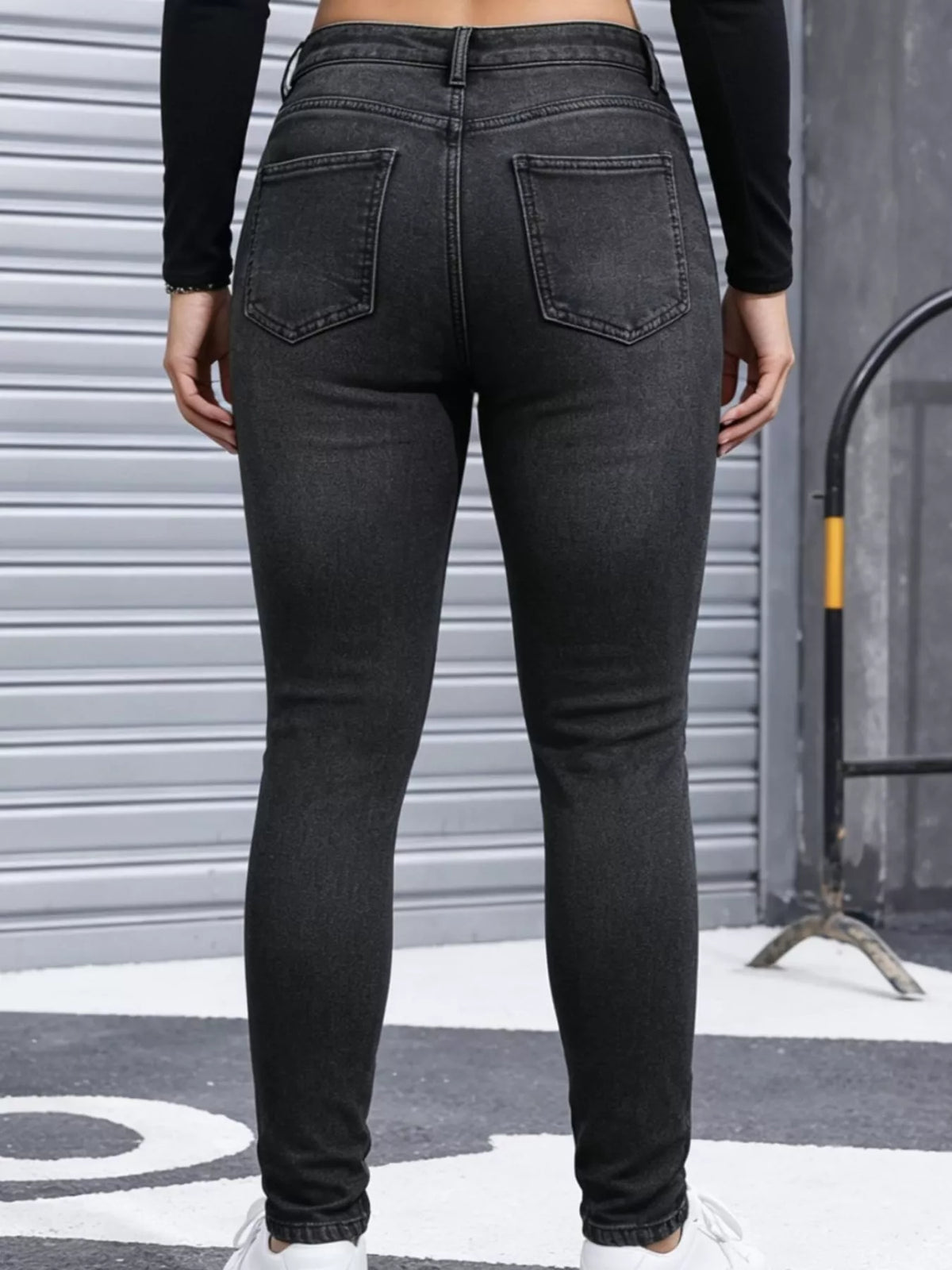 Willa Fleece-Lined Skinny Jeans in Black Gray, on model