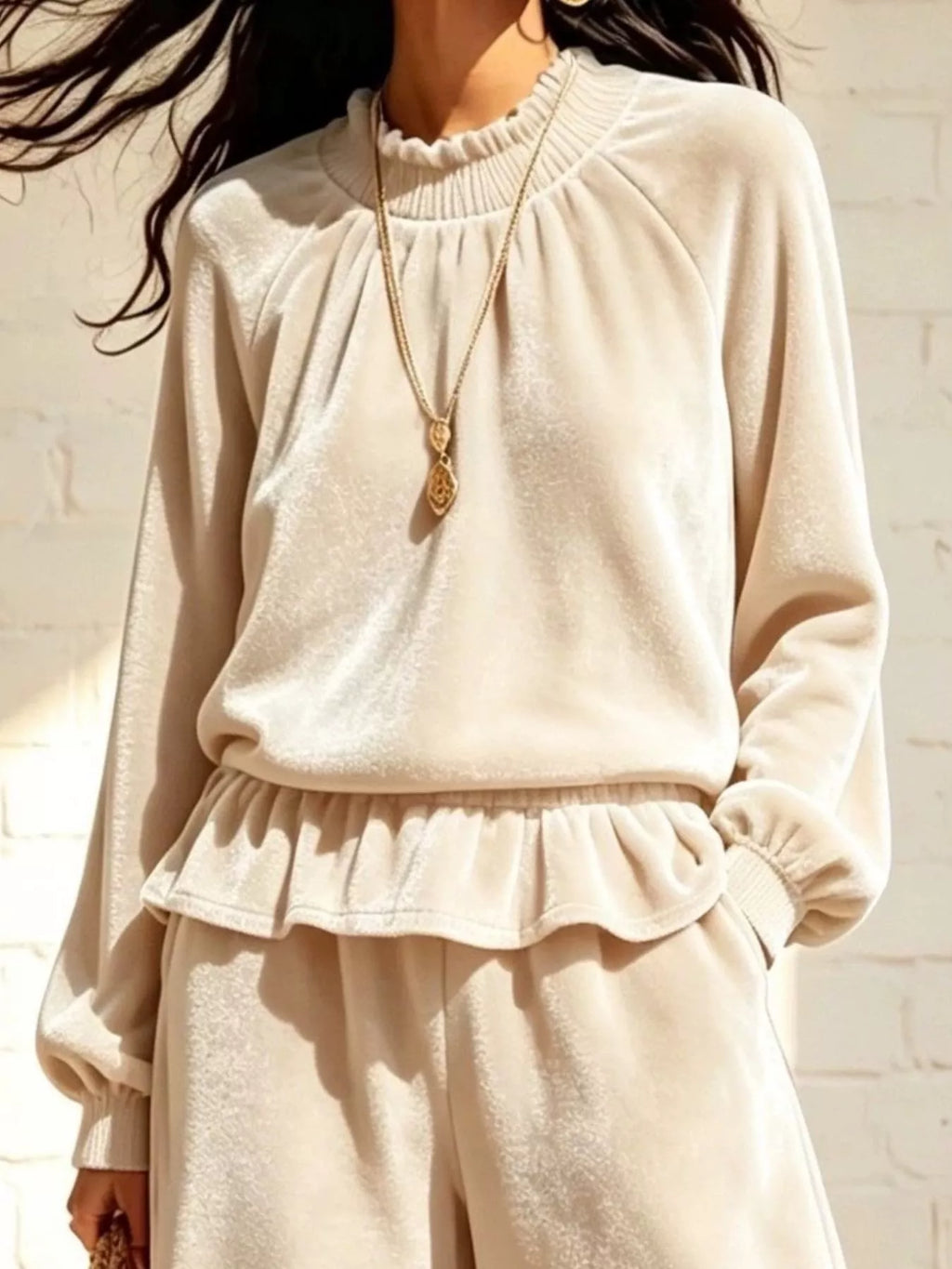 Theodora Velvet Peplum Top + Wide-Leg Pant Set in Beige, on model