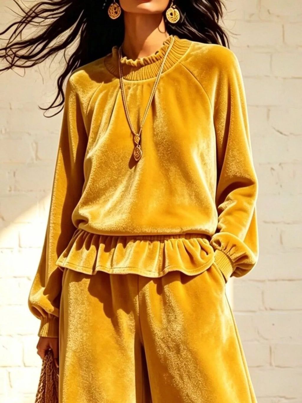 Theodora Velvet Peplum Top + Wide-Leg Pant Set in Gold, on model