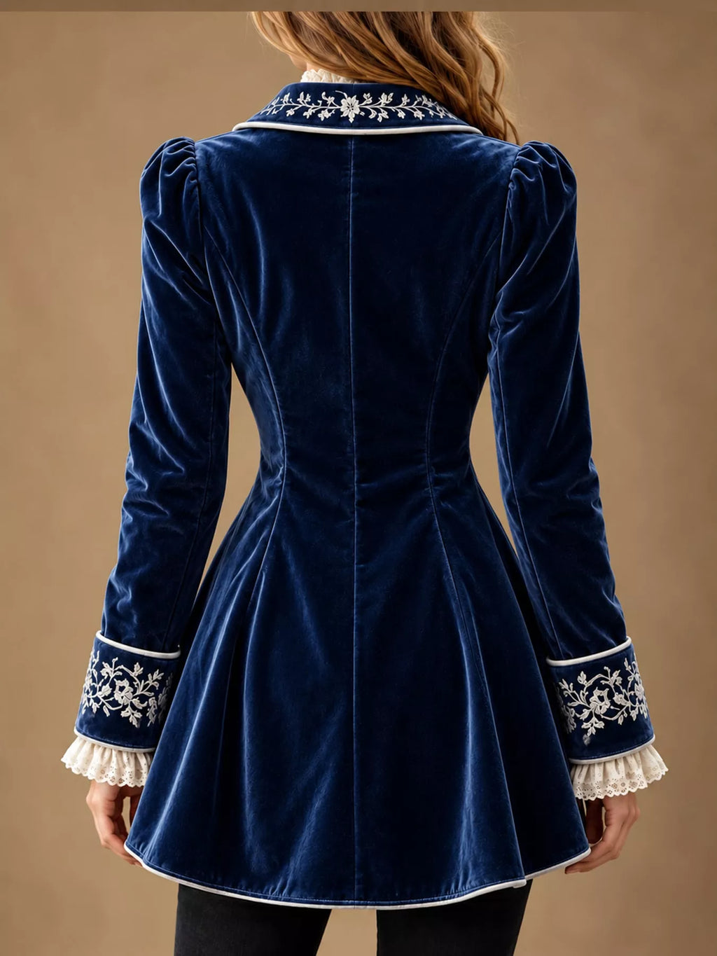Isadora Embroidered Velvet Peplum Blazer in Navy, on model