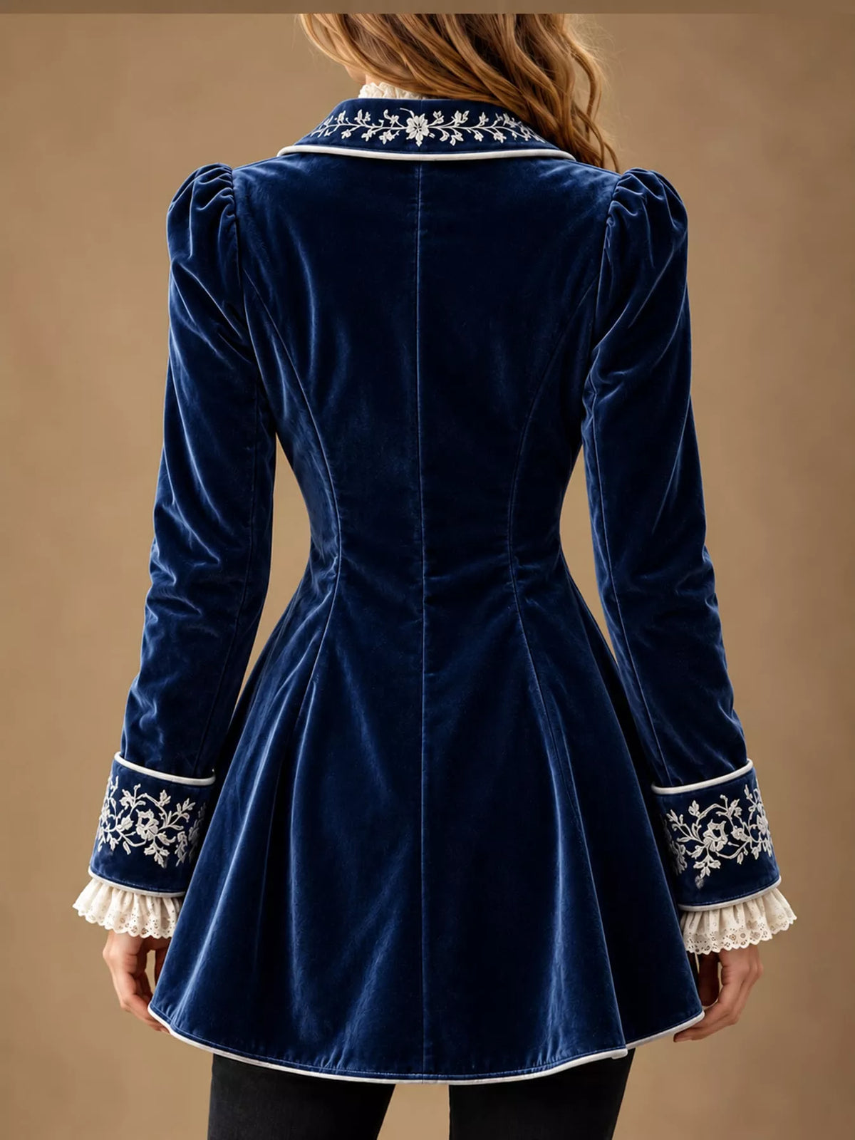 Isadora Embroidered Velvet Peplum Blazer in Navy, on model