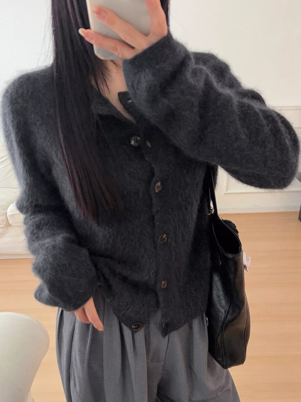 Flora Fuzzy Cropped Button Cardigan in Dark Gray, on model
