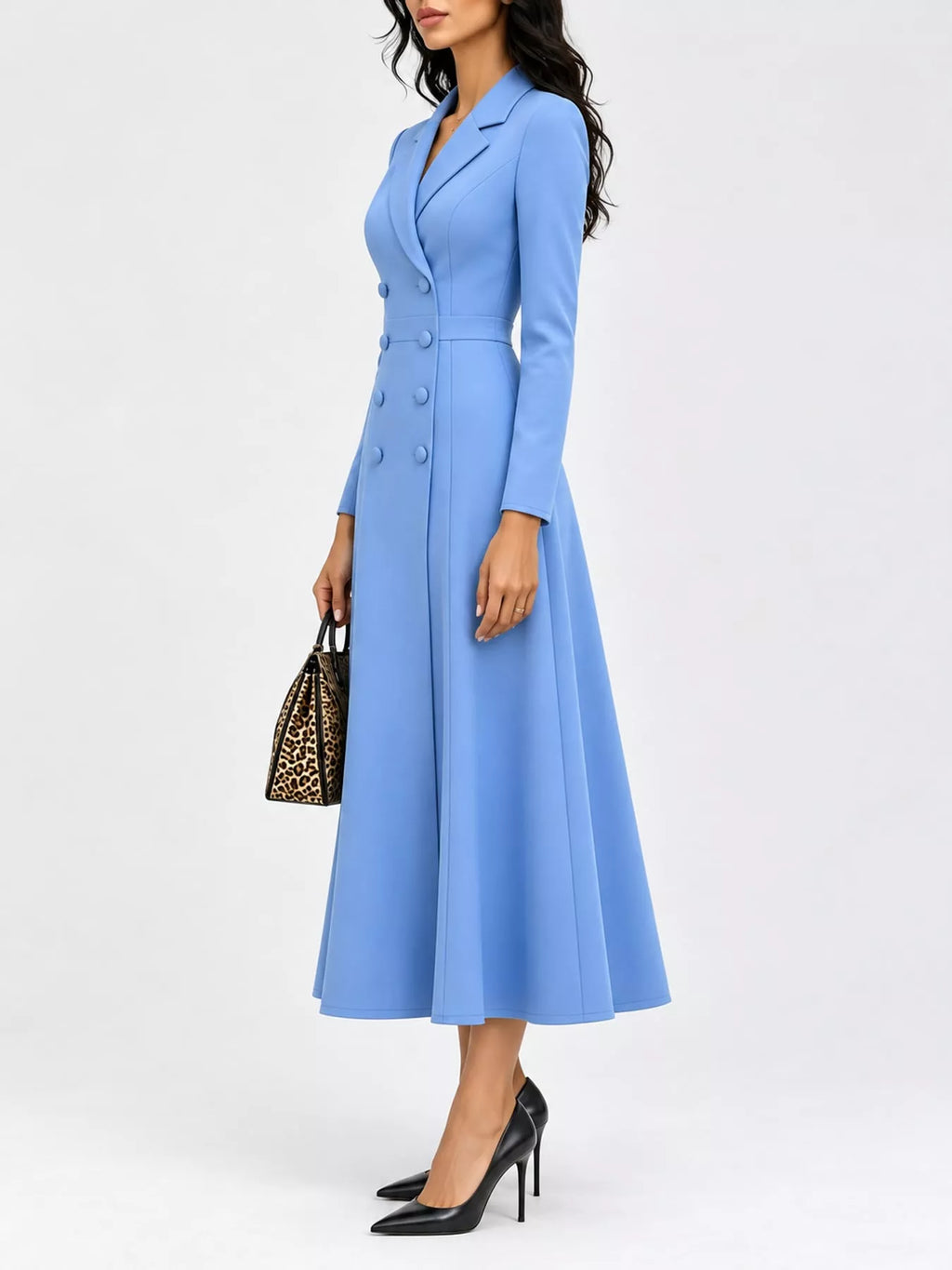 Solenne Double-Breasted Coat Midi Dress in Sky Blue, on model