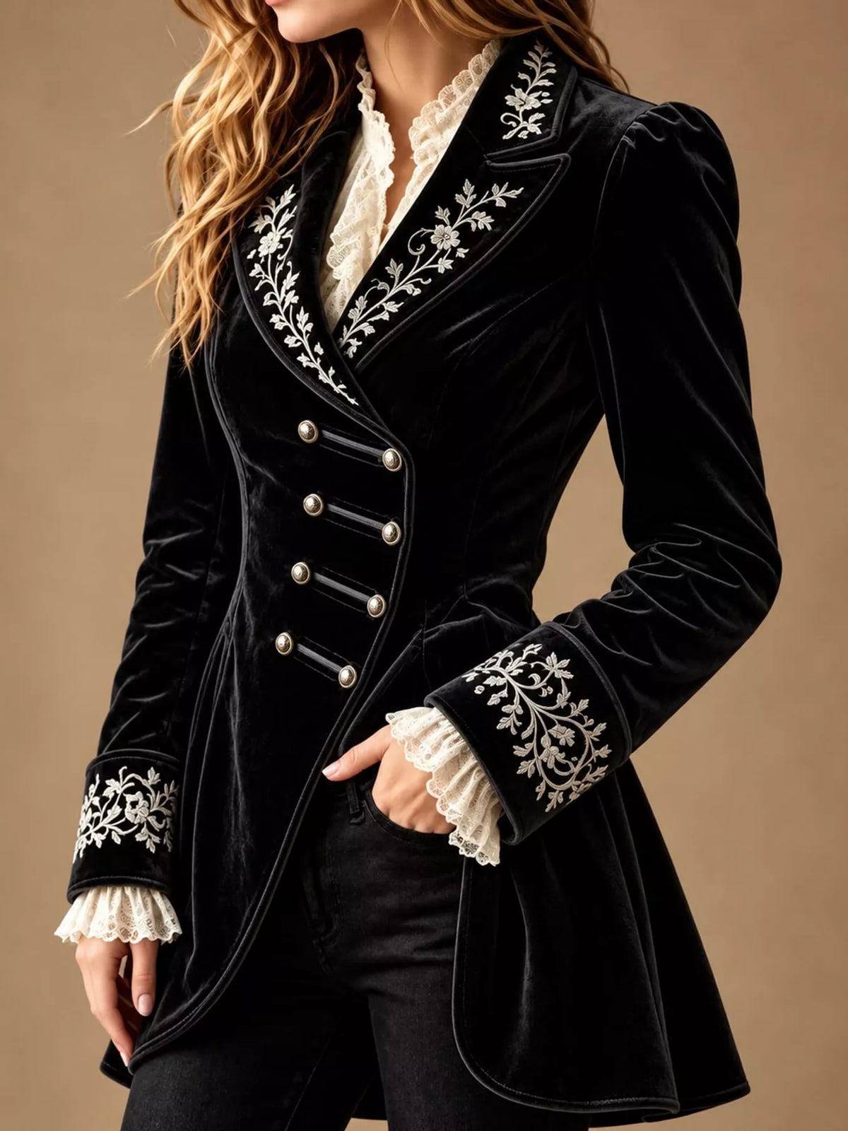 Isadora Embroidered Velvet Peplum Blazer in Black, on model