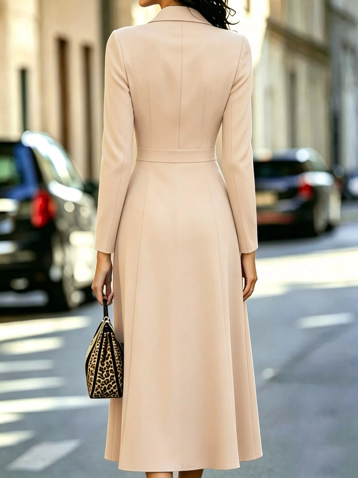 Solenne Double-Breasted Coat Midi Dress in Khaki, on model
