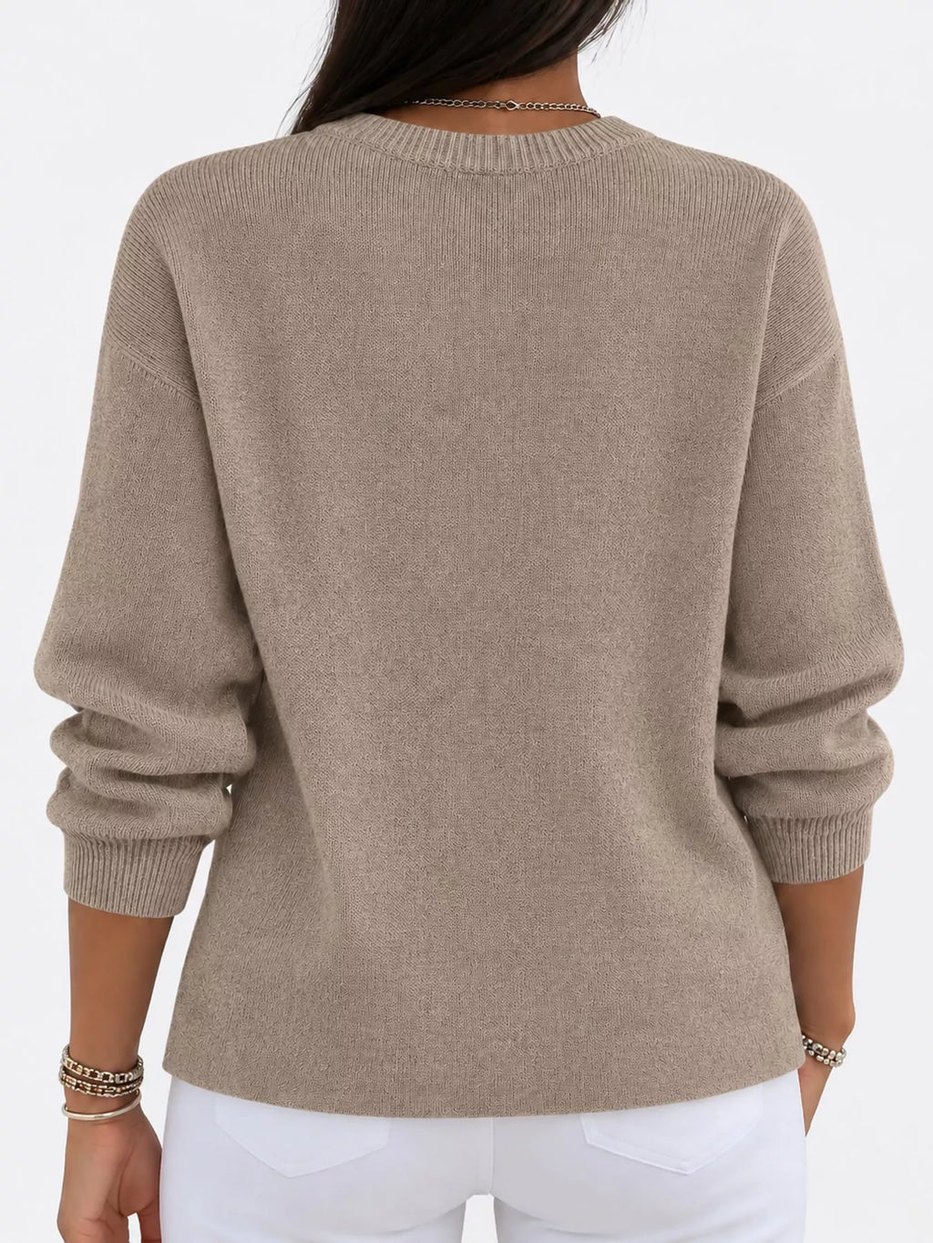 Corinne Classic Crew-Neck Sweater in Camel, on model