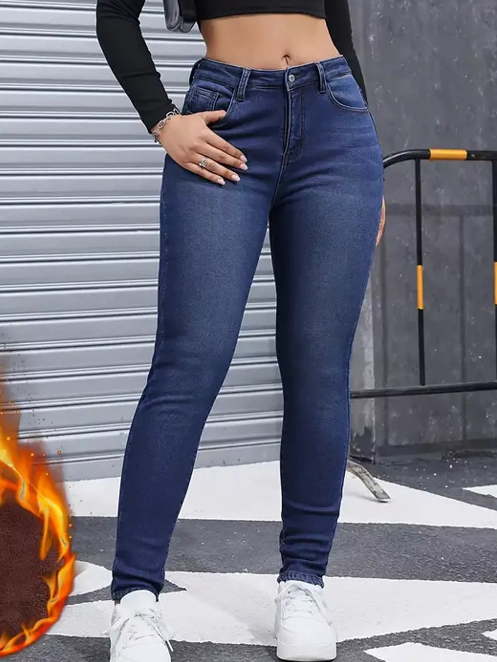 Willa Fleece-Lined Skinny Jeans in Blue, on model