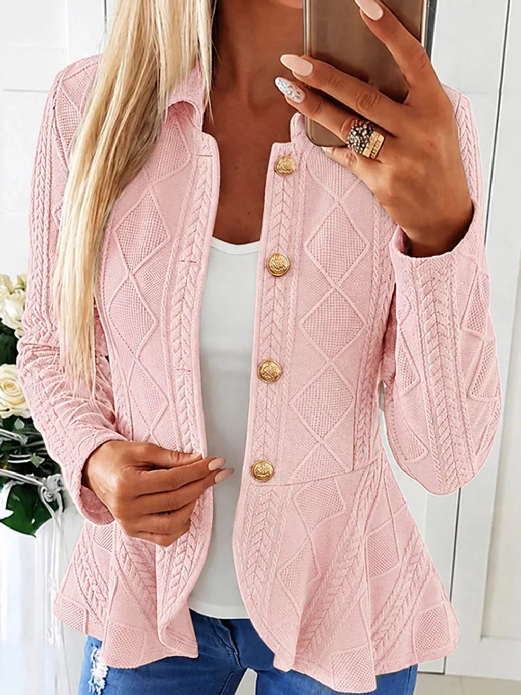 Briar Cable-Knit Peplum Cardigan in Pink, on model