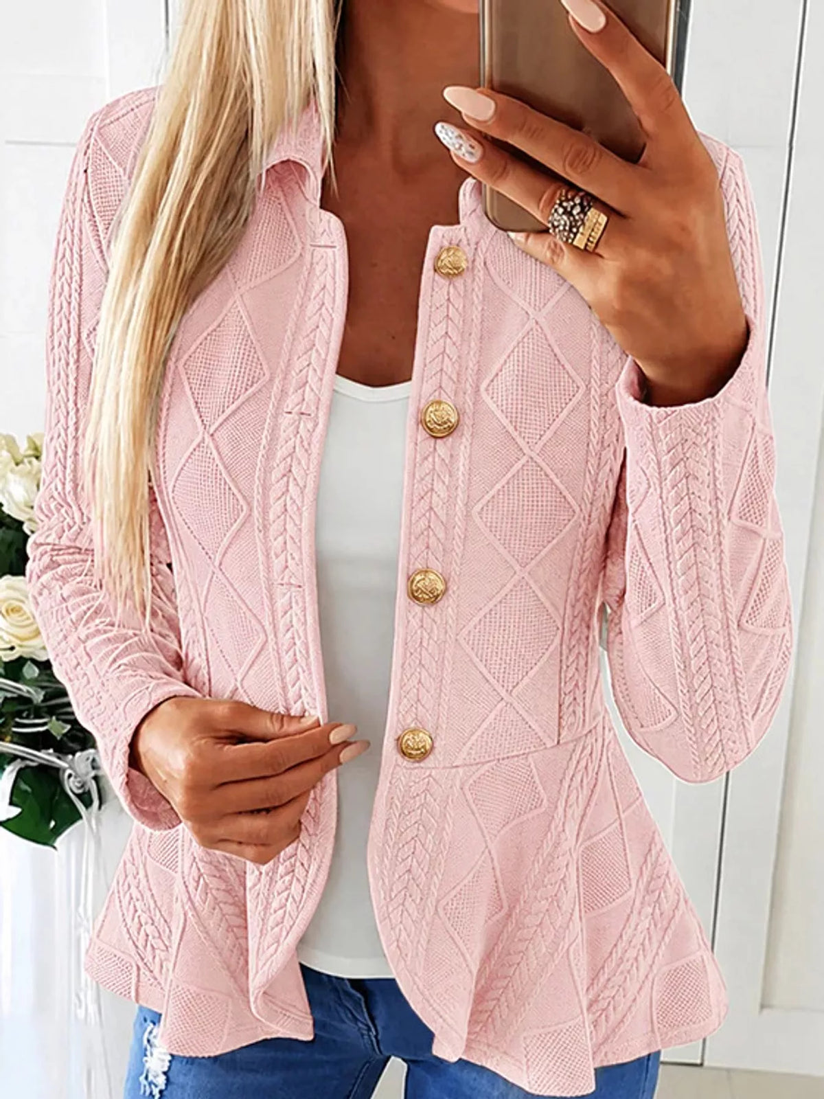 Briar Cable-Knit Peplum Cardigan in Pink, on model