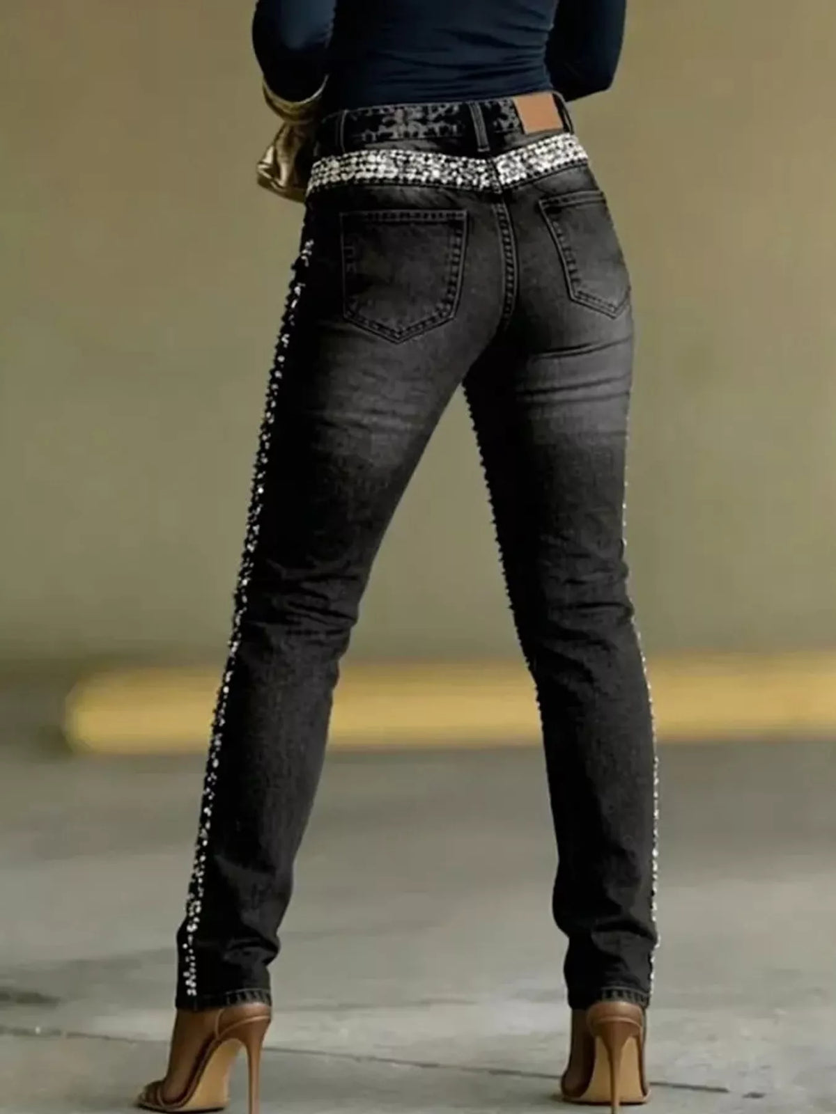 Jolie Rhinestone Slim Jeans in Black, on model