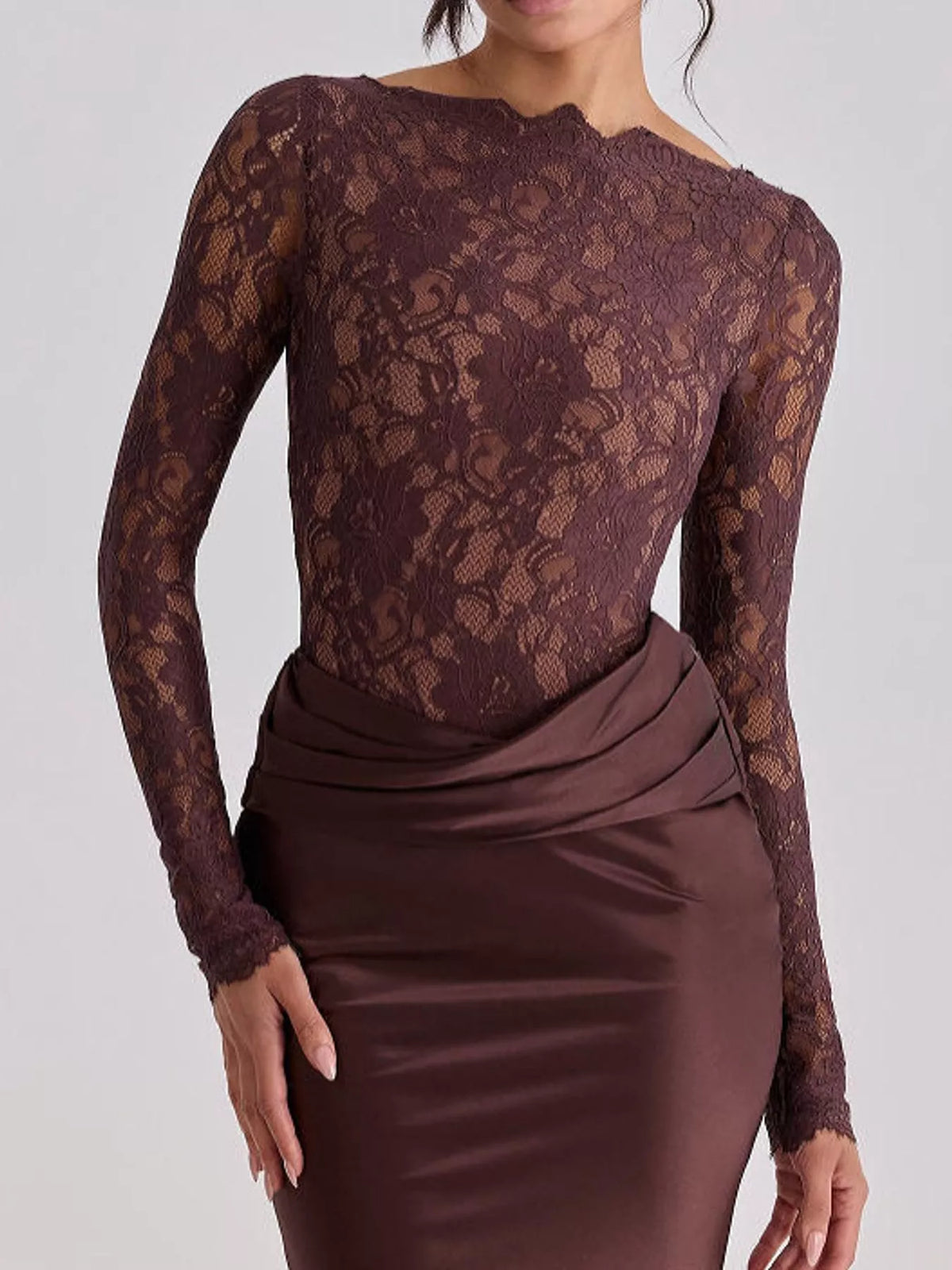 Delphine Lace + Satin Long-Sleeve Maxi Dress in Dark Red, on model
