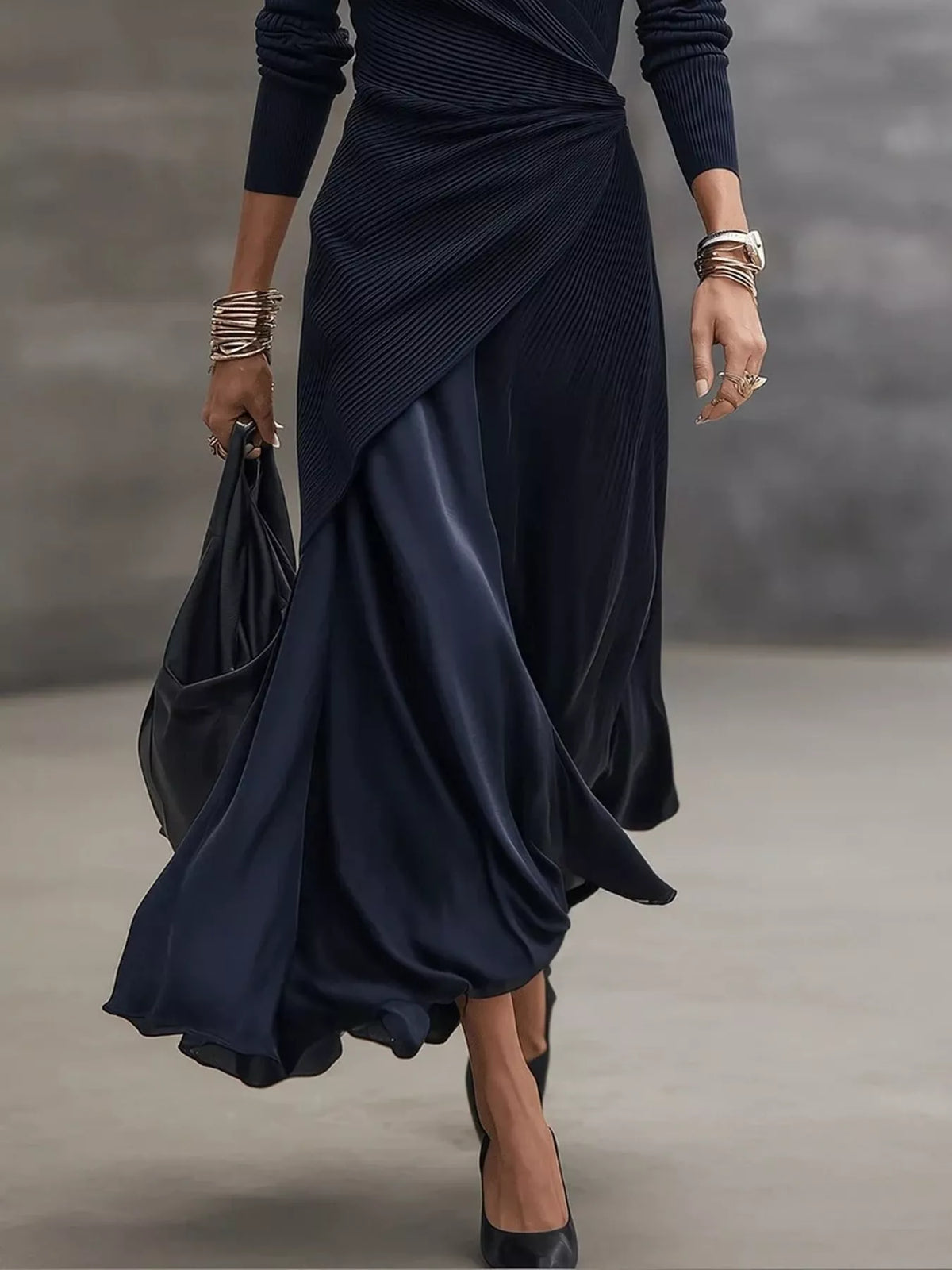 Delia Navy Surplice Midi Dress, on model
