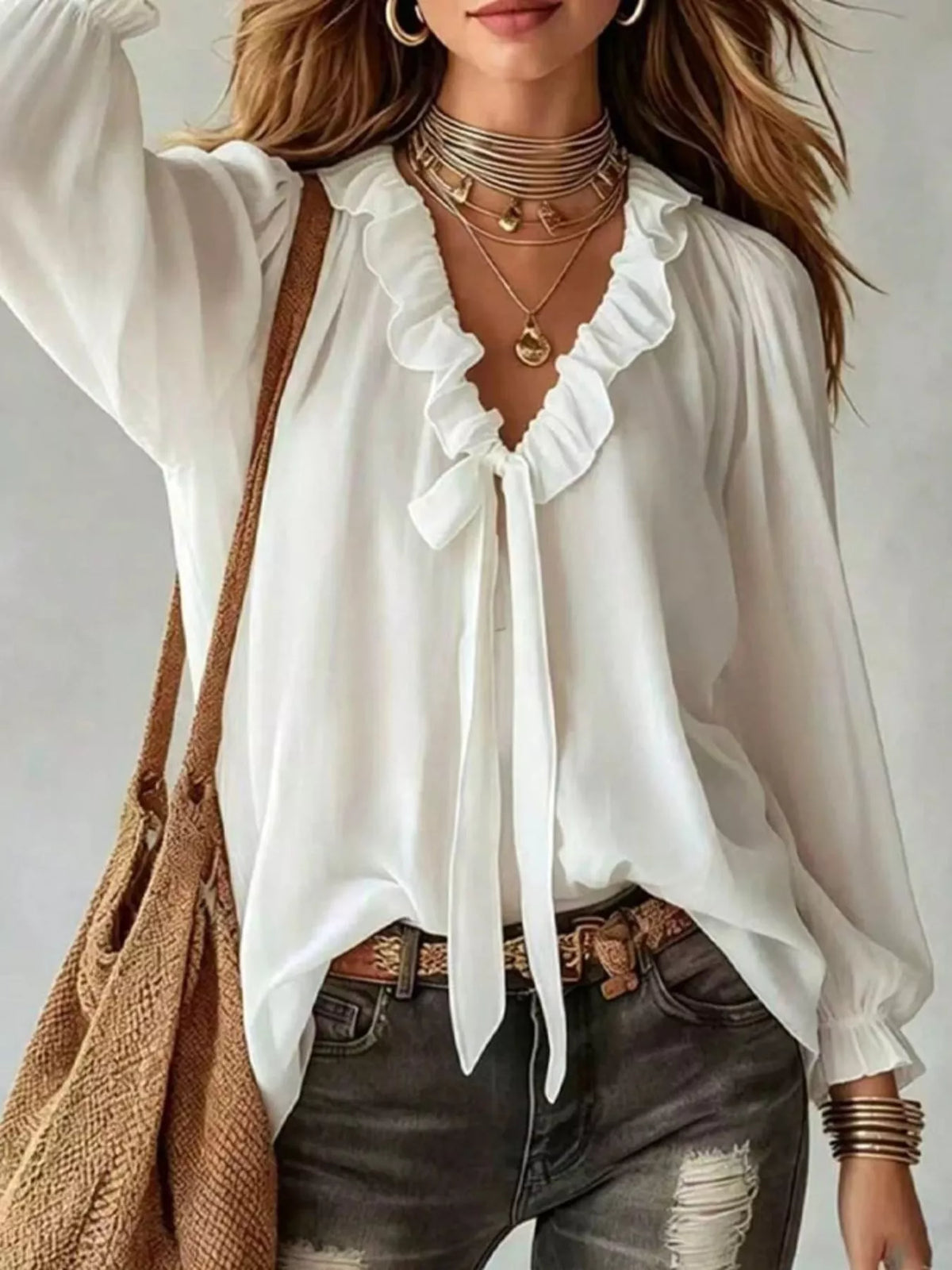 Hollis Ruffled Tie-Front Blouse in White, on model
