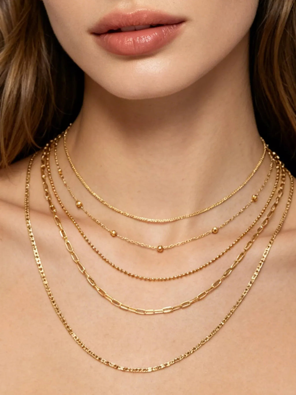 Lune Five-Layer Gold Chain Necklace, worn on model
