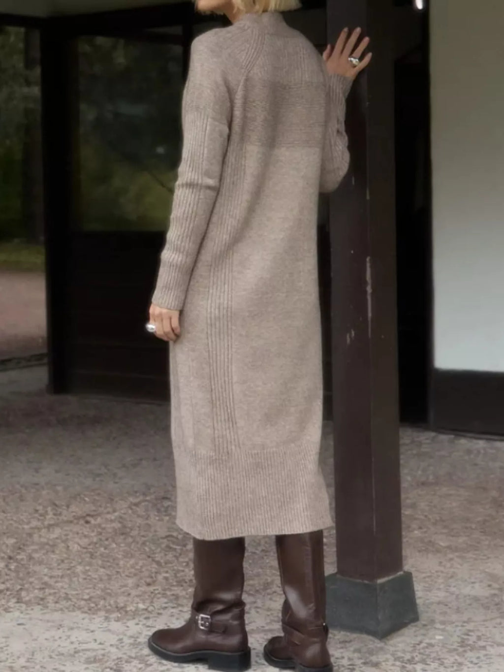 Annelise Half-Zip Ribbed Sweater Maxi Dress in Oatmeal, on model