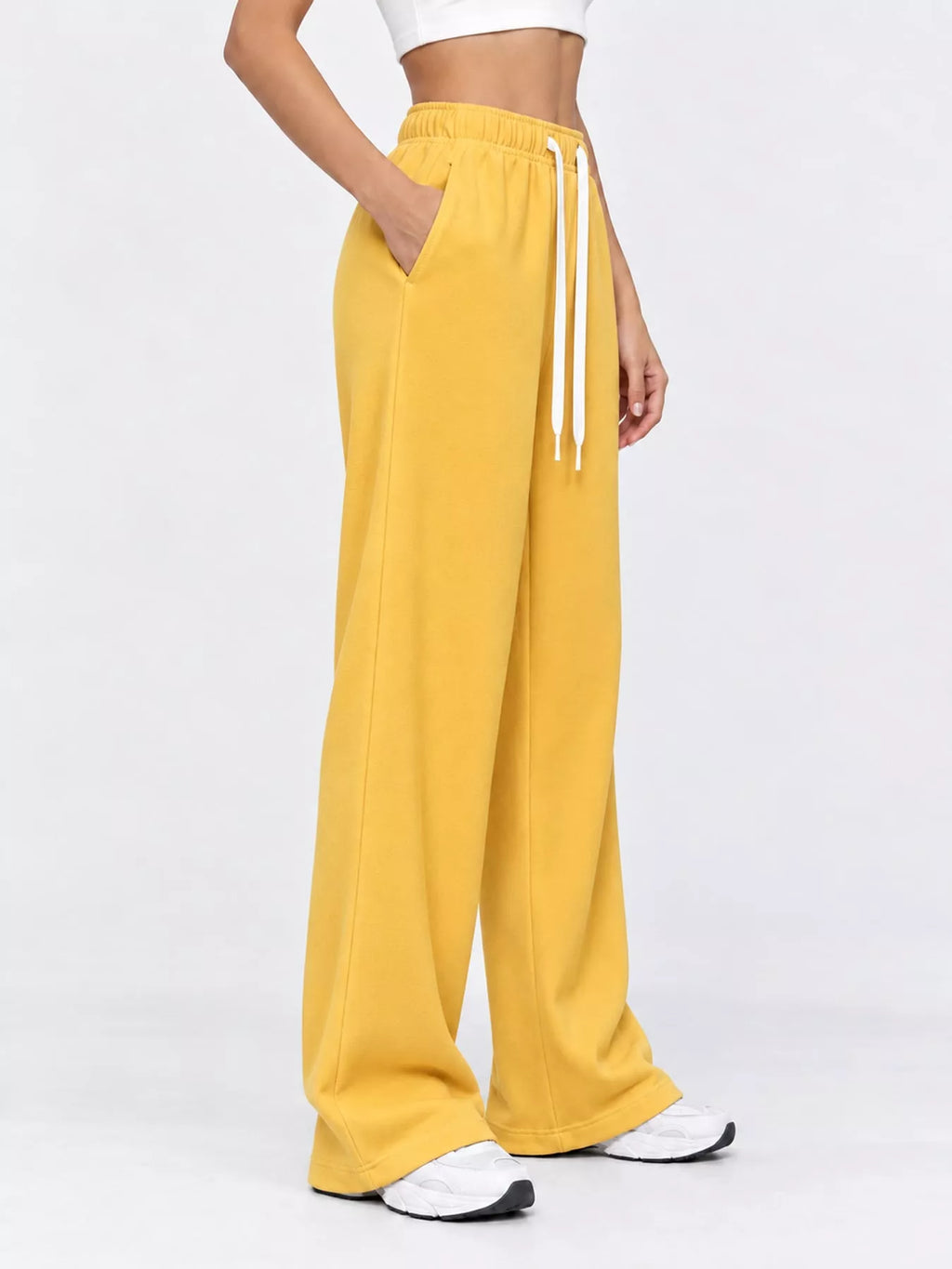 Odessa Drawstring Wide-Leg Sweatpants in Yellow, on model
