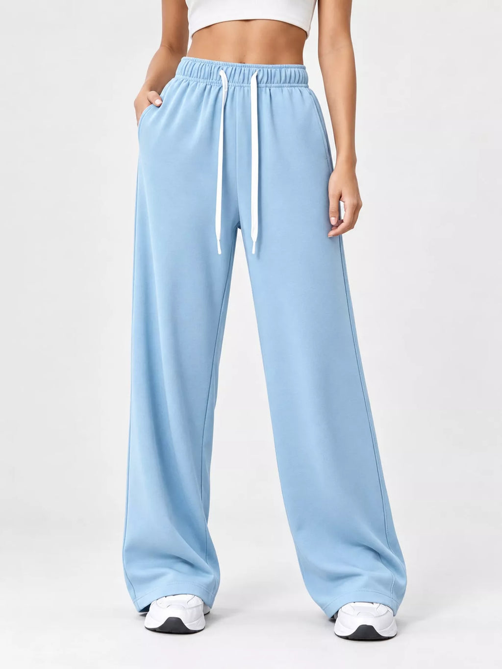 Odessa Drawstring Wide-Leg Sweatpants in Light Blue, on model