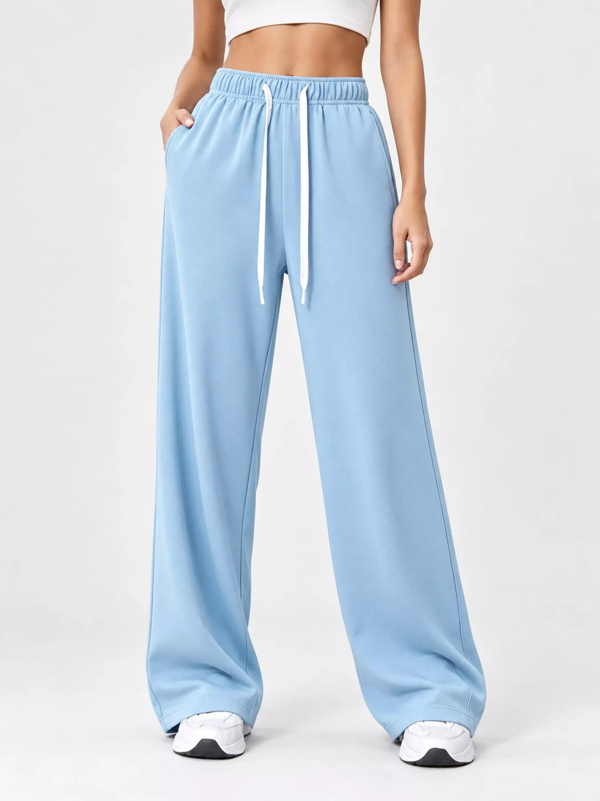 Odessa Drawstring Wide-Leg Sweatpants in Light Blue, on model