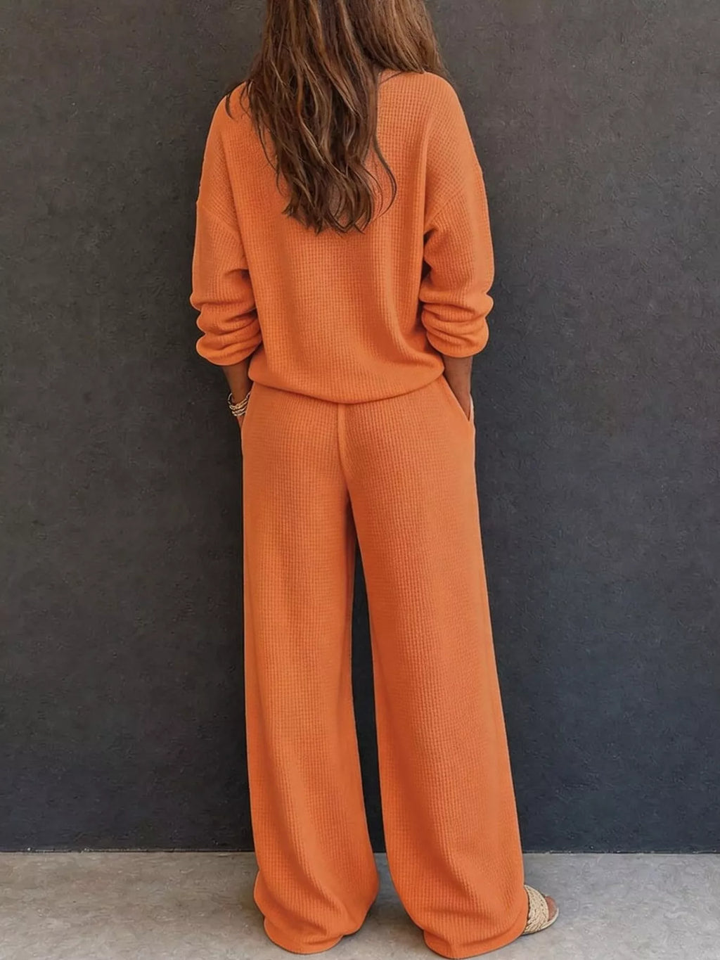 Thea Waffle-Knit Henley + Wide-Leg Pants Set in Orange, on model
