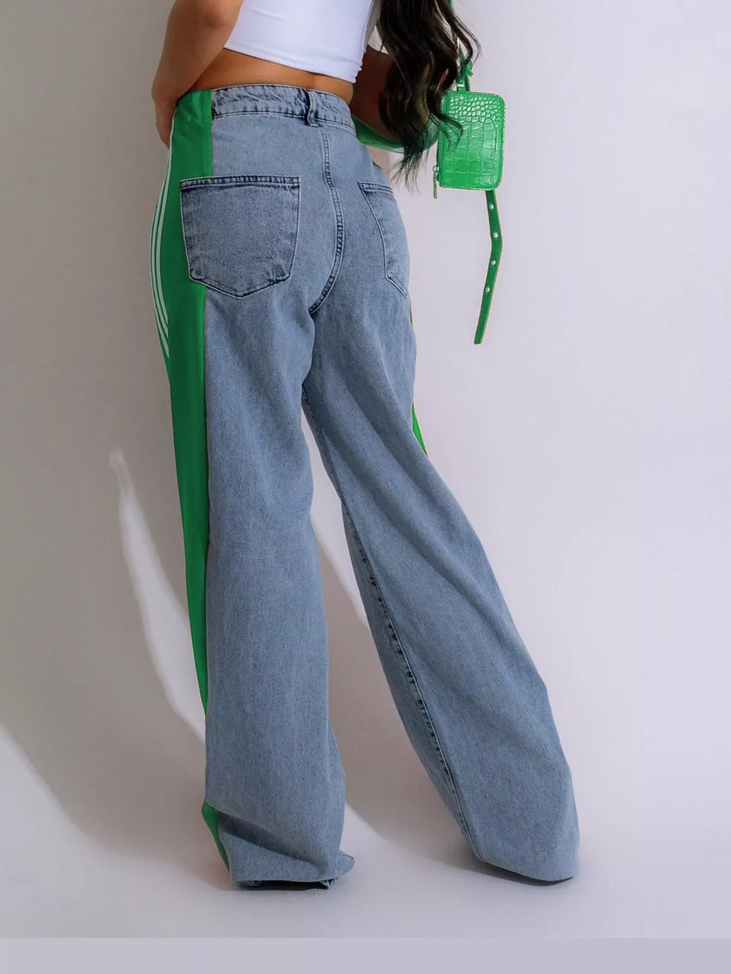 Zoe Side-Stripe Wide-Leg Jeans in Green, on model