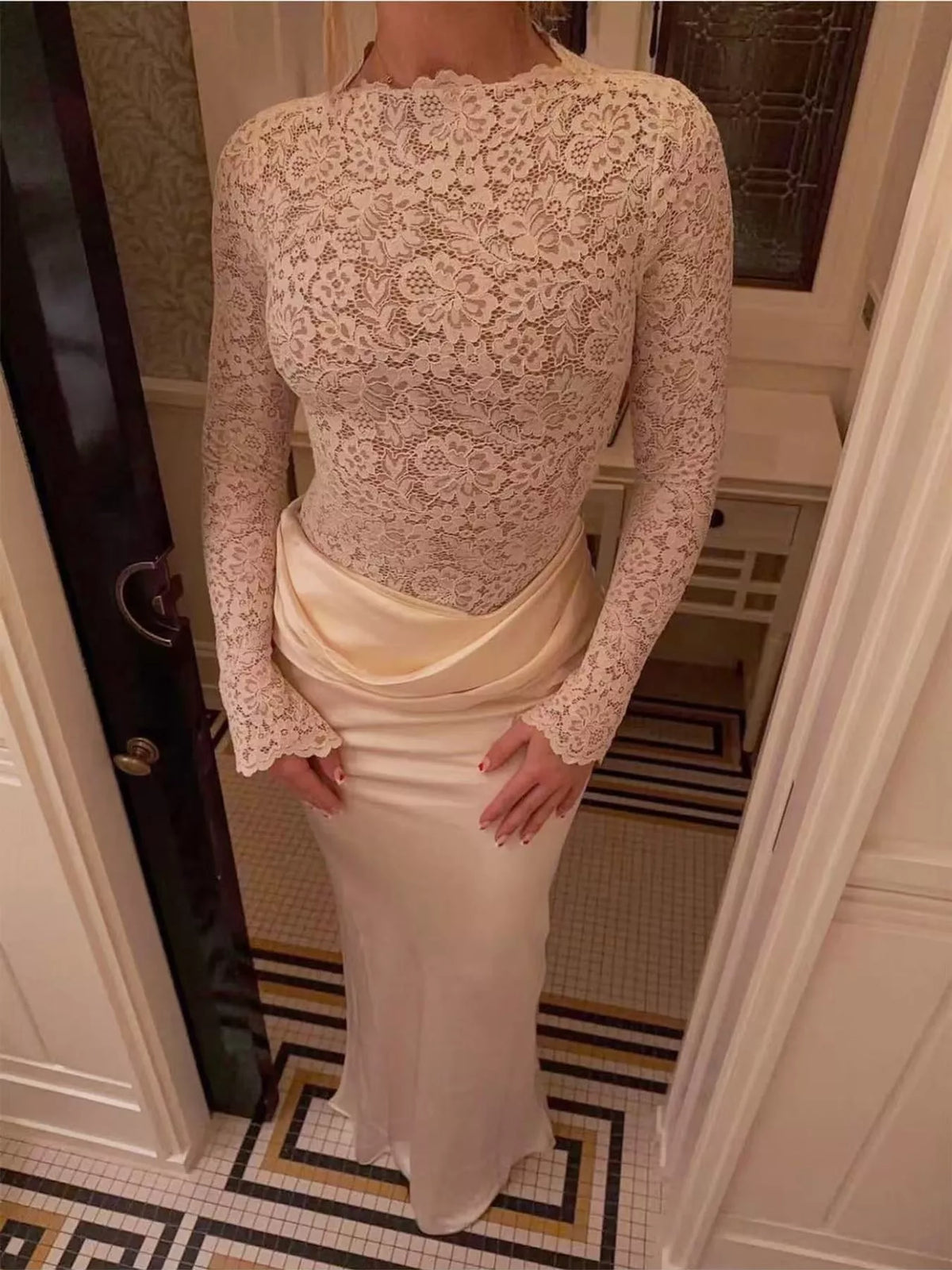 Delphine Lace + Satin Long-Sleeve Maxi Dress in Ivory, product view