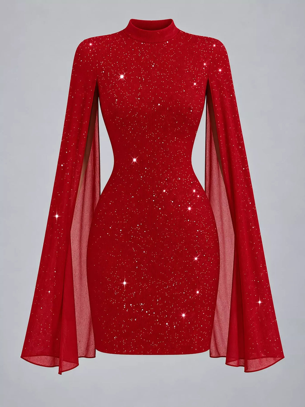 Coralie Glitter Cape-Sleeve Mock-Neck Mini Dress in Red, on model