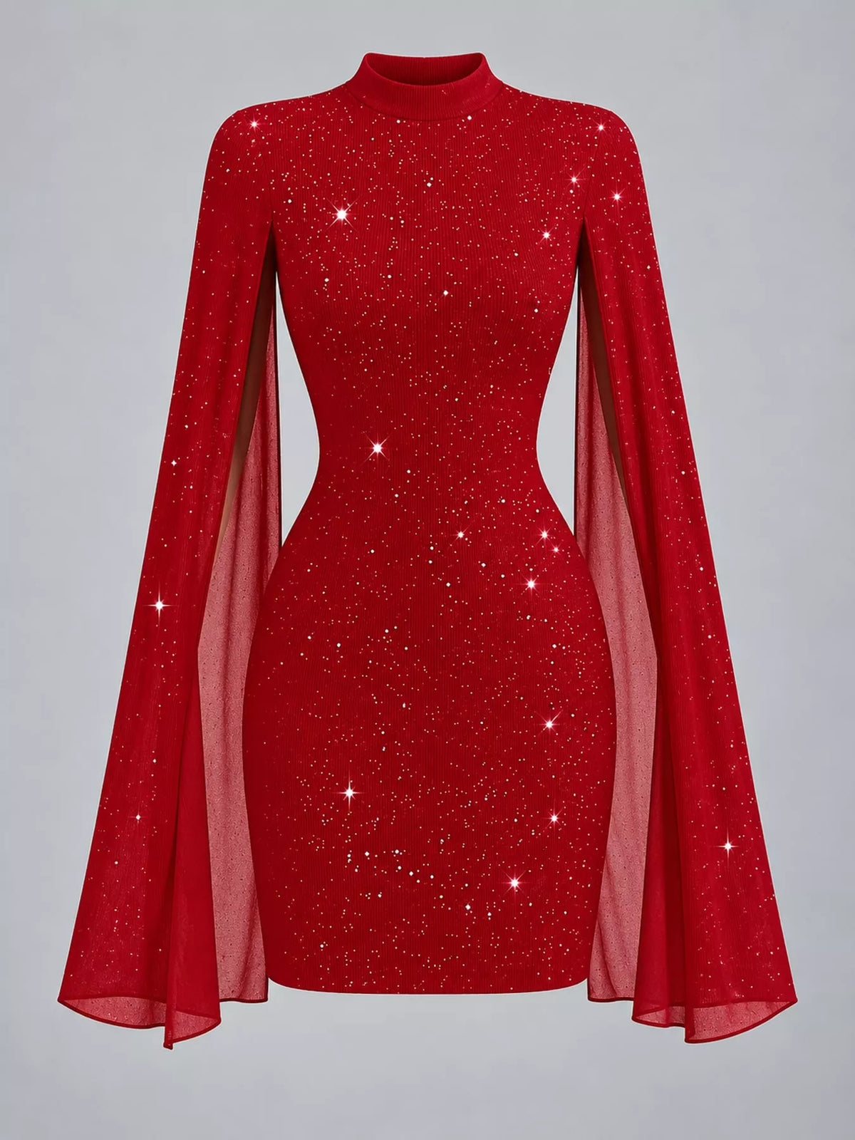 Coralie Glitter Cape-Sleeve Mock-Neck Mini Dress in Red, on model