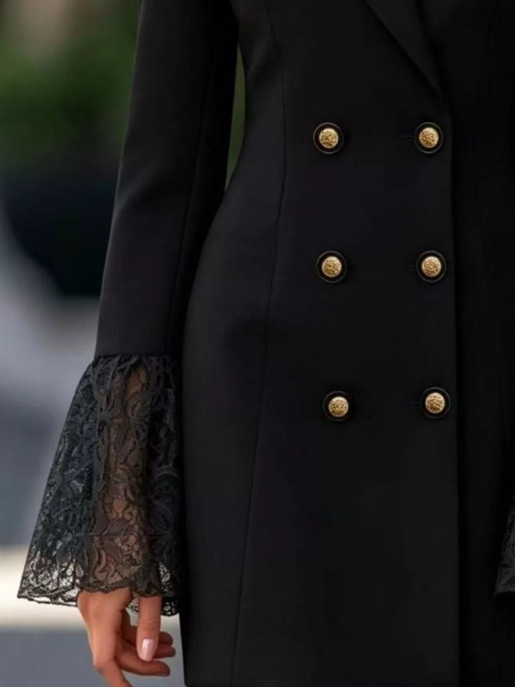 Greer Double-Breasted Blazer Dress in Black, on model