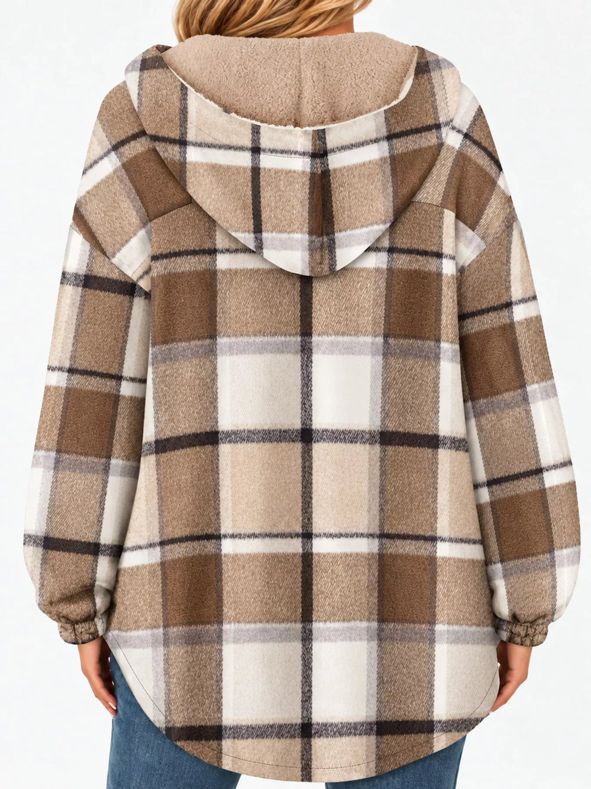 Nina Plaid Hooded Shacket in Khaki, on model