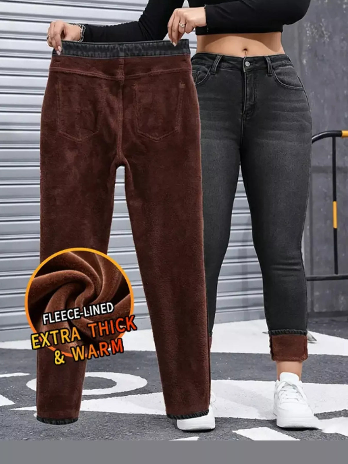 Willa Fleece-Lined Skinny Jeans in Black Gray, on model