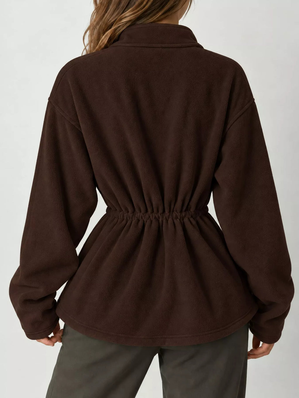 Kaia Cinched-Waist Fleece Zip-Up Jacket in Brown, on model