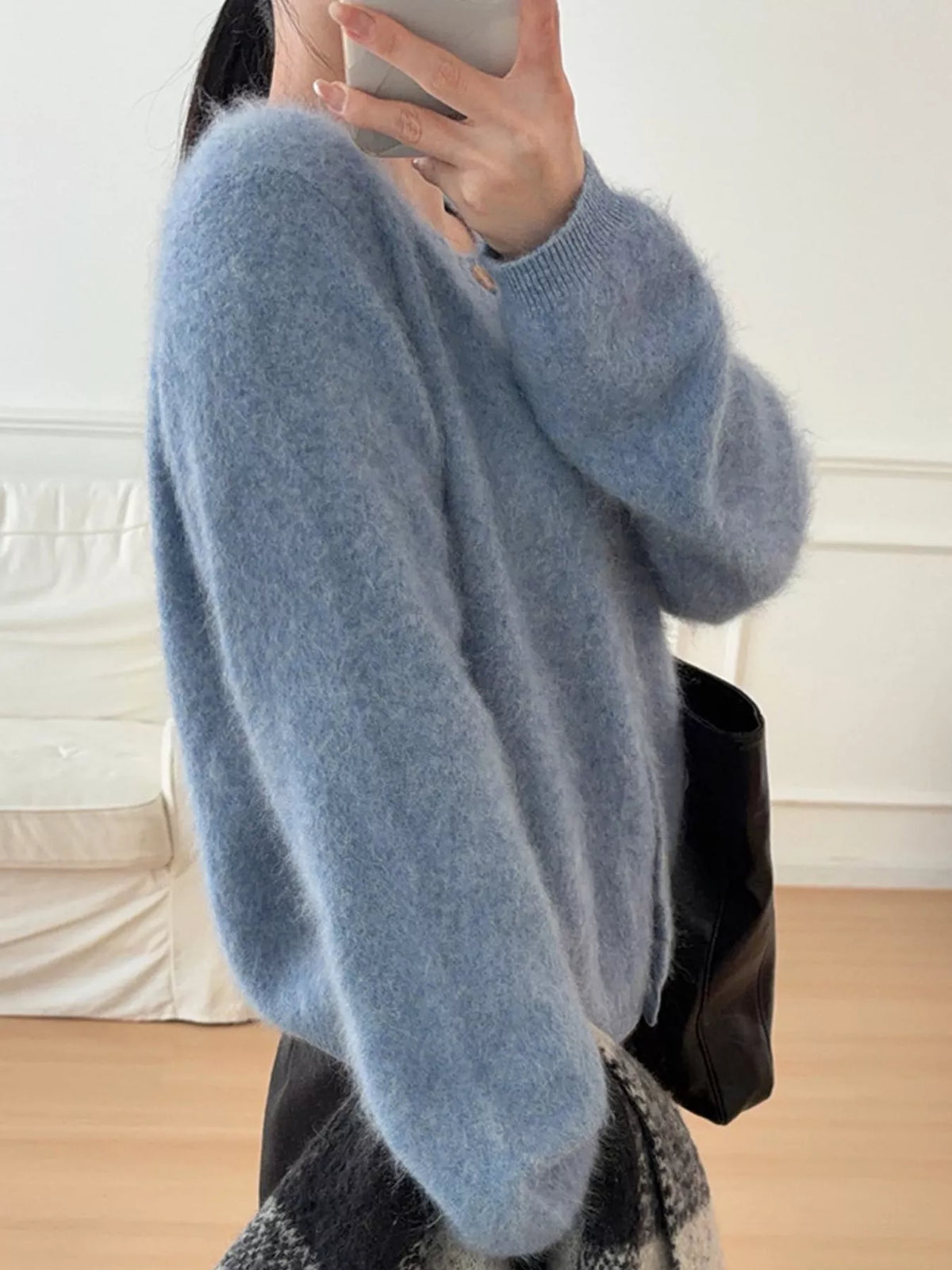 Flora Fuzzy Cropped Button Cardigan in Blue, on model