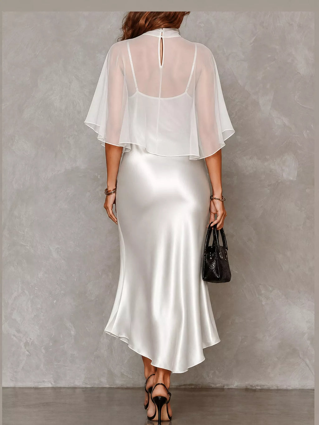 Calla Satin Slip Dress + Sheer Cape Set in White, on model