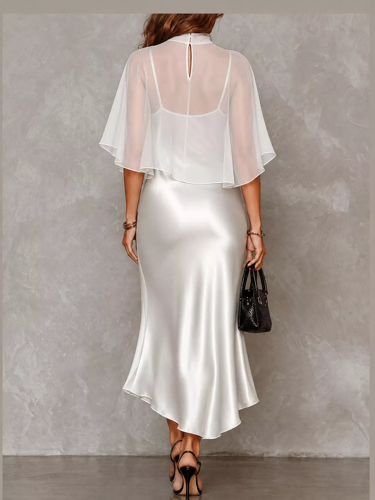 Calla Satin Slip Dress + Sheer Cape Set in White, on model