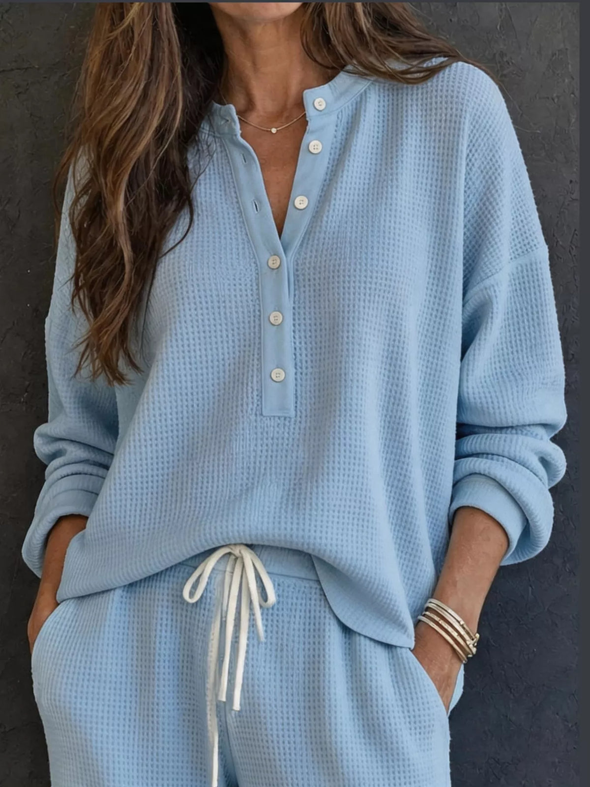 Thea Waffle-Knit Henley + Wide-Leg Pants Set in Blue, on model