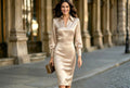 Romy Satin Lantern-Sleeve Midi Dress in Tan, on model