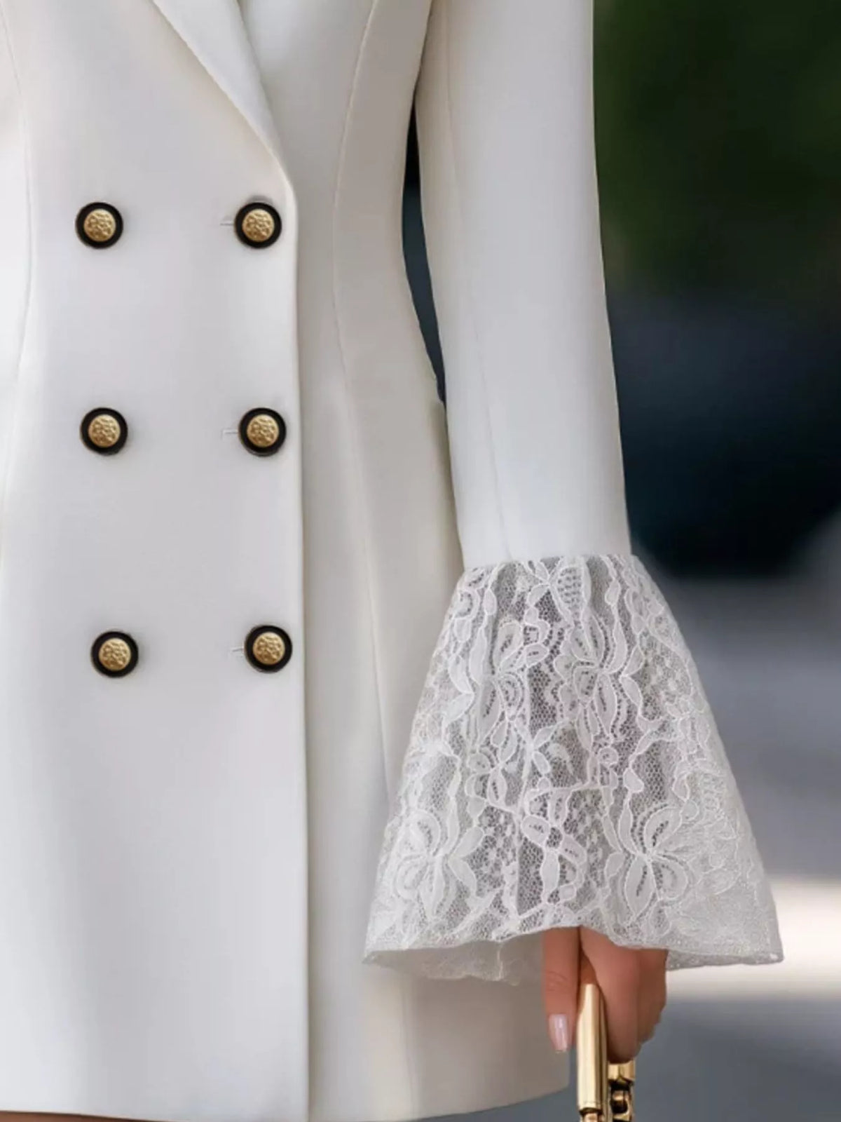 Greer Double-Breasted Blazer Dress in White, on model
