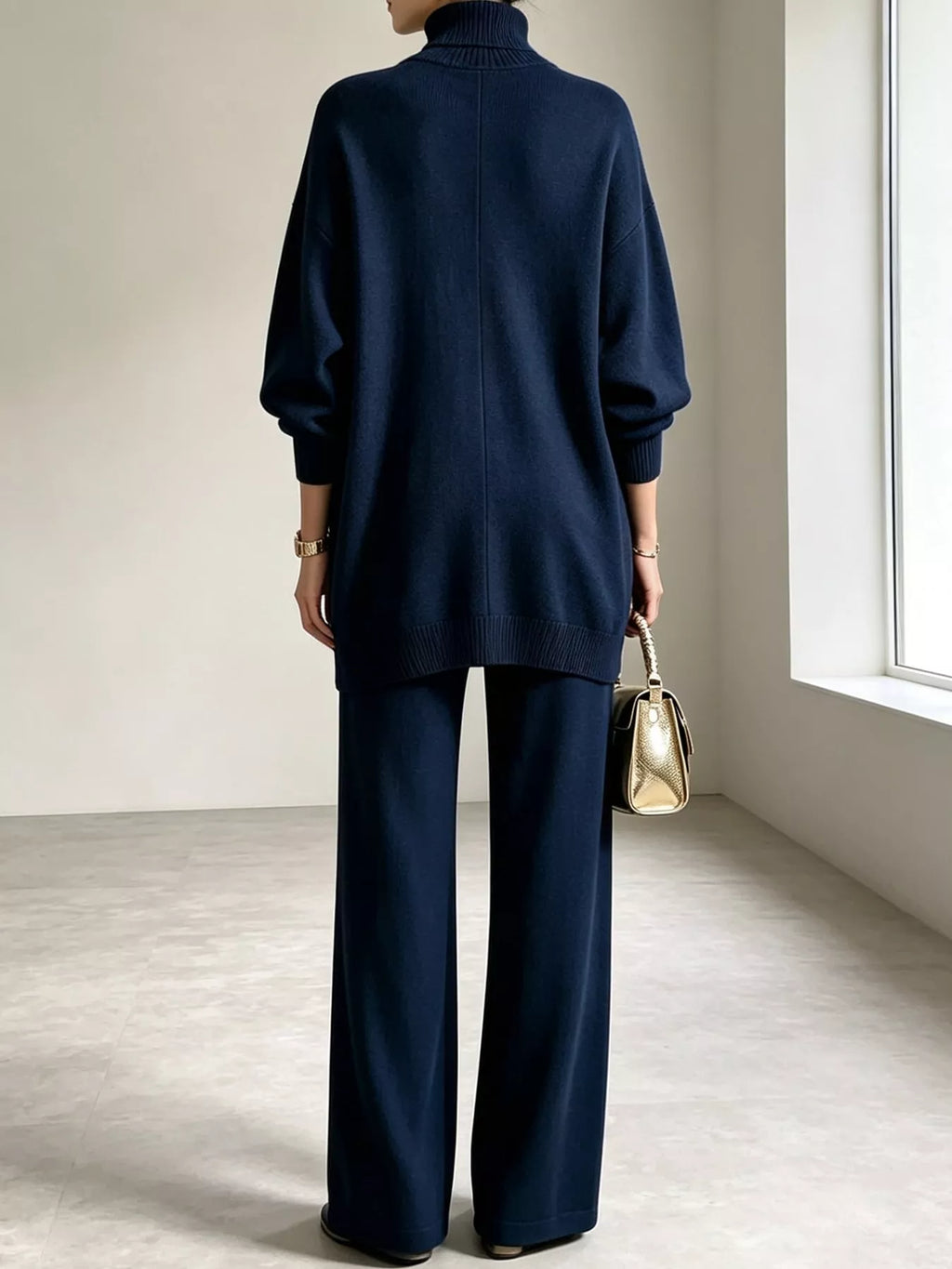 Tove Turtleneck Sweater Tunic + Pants Set in Navy, on model