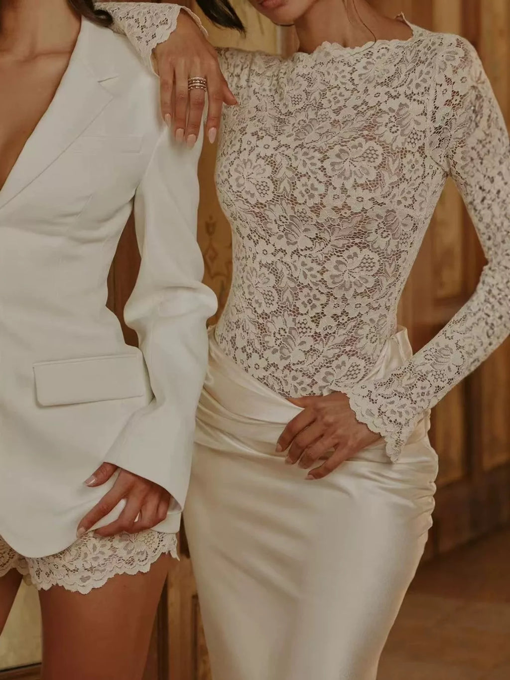 Delphine Lace + Satin Long-Sleeve Maxi Dress in Ivory, on model