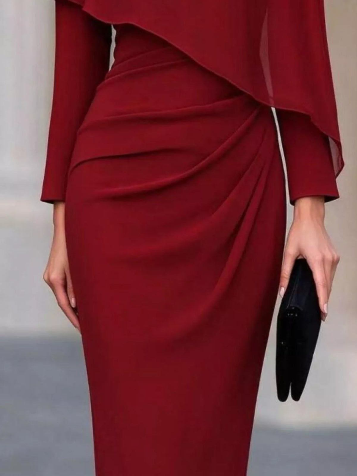 Rosalind Cape-Sleeve Midi Dress in Burgundy, on model