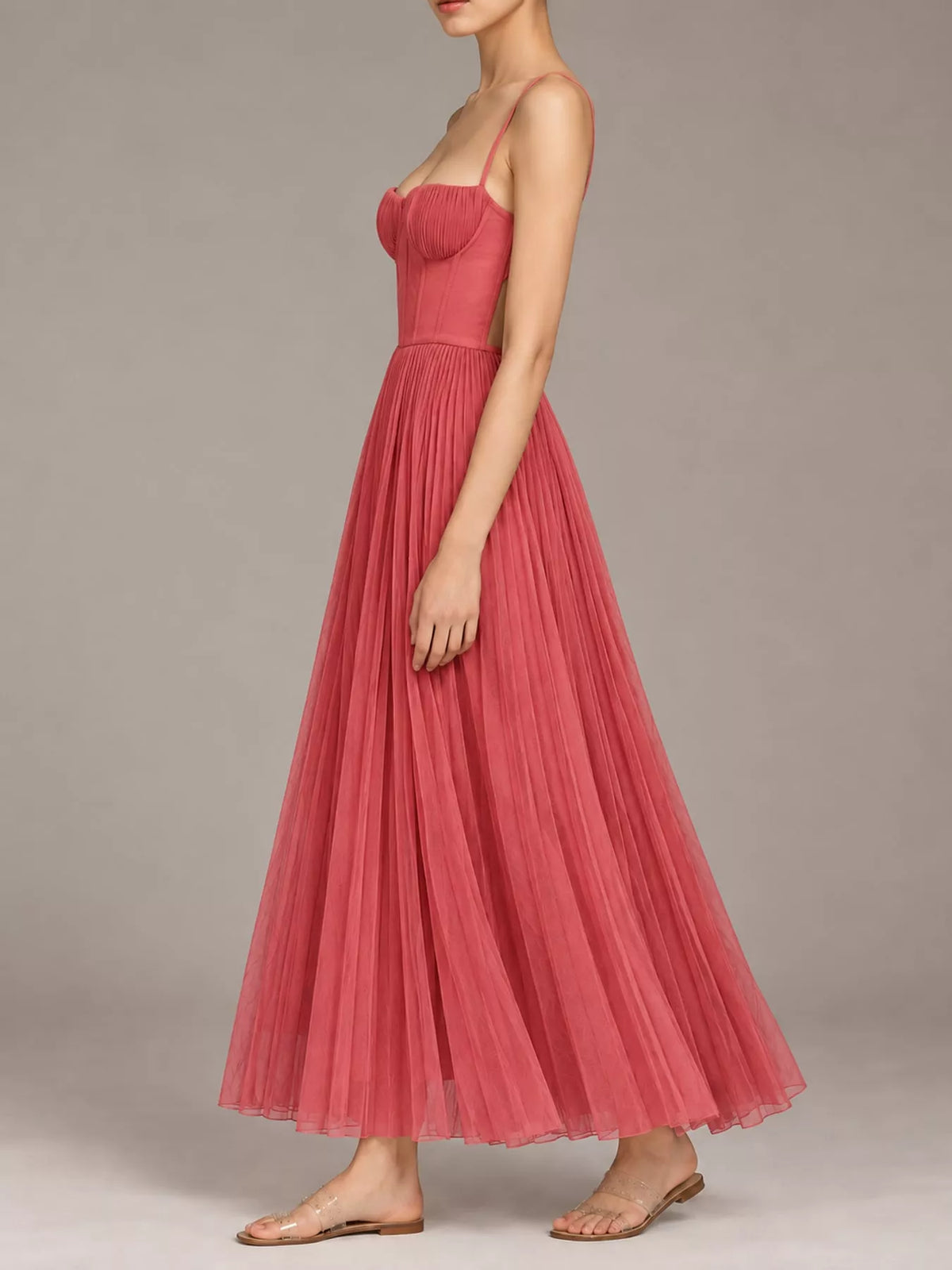 Saoirse Pleated Sweetheart Midi Dress in Watermelon Red, on model