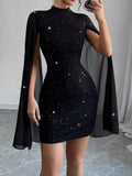 Coralie Glitter Cape-Sleeve Mock-Neck Mini Dress in Black, on model