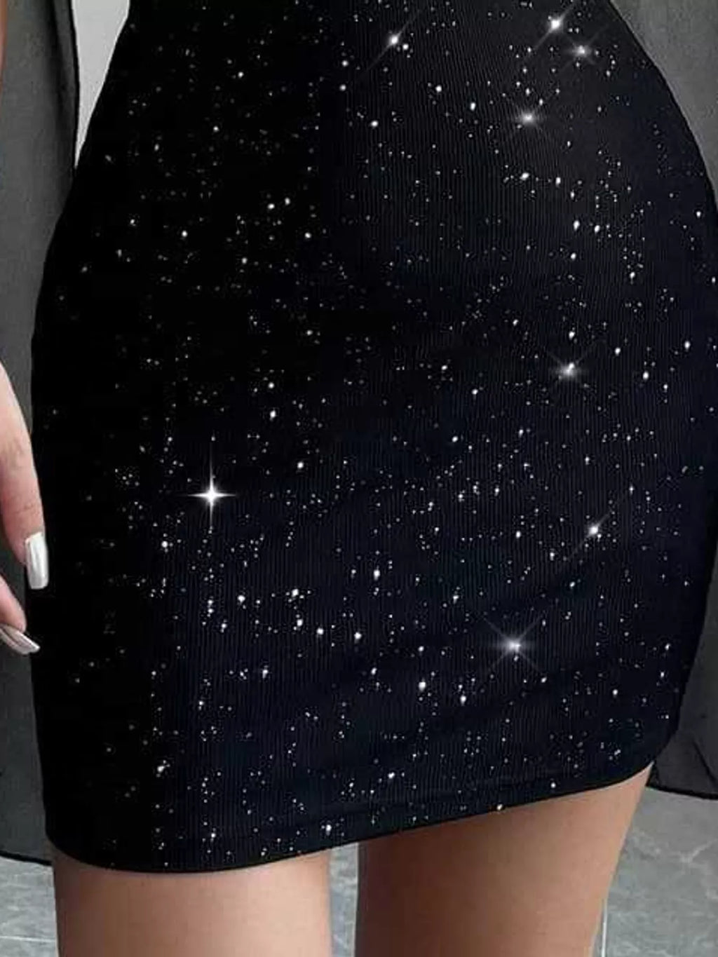Coralie Glitter Cape-Sleeve Mock-Neck Mini Dress in Black, close-up detail
