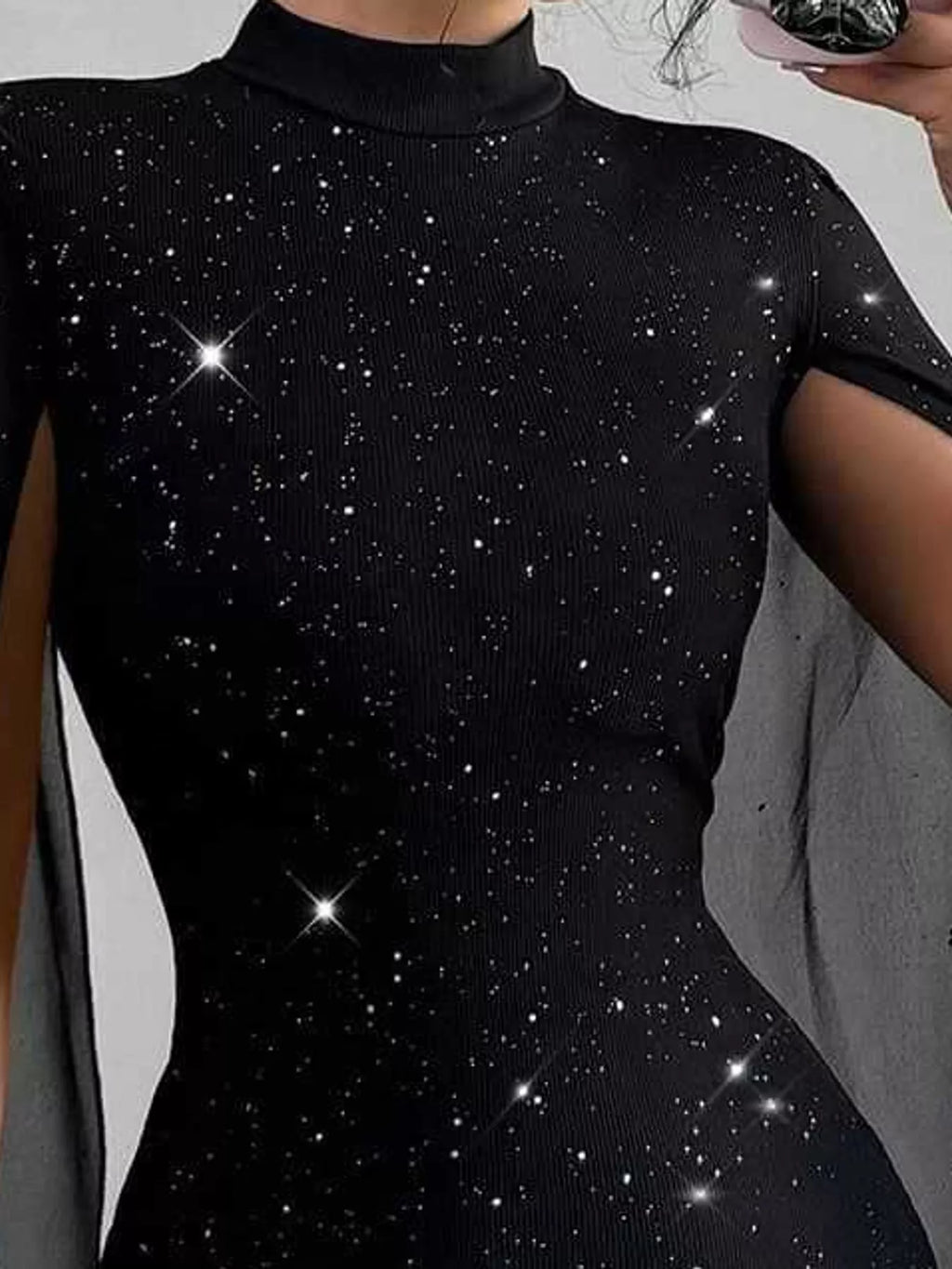 Coralie Glitter Cape-Sleeve Mock-Neck Mini Dress in Black, on model