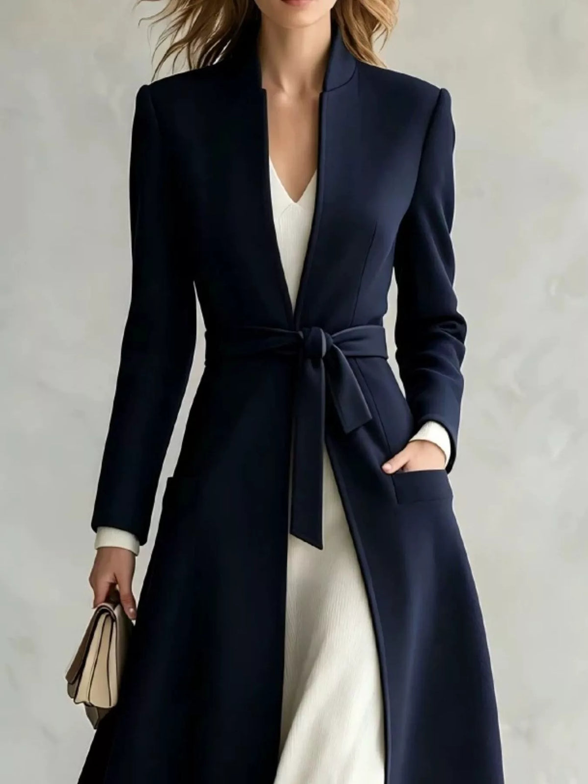 Fiora Tie-Waist Long Coat in Navy, on model