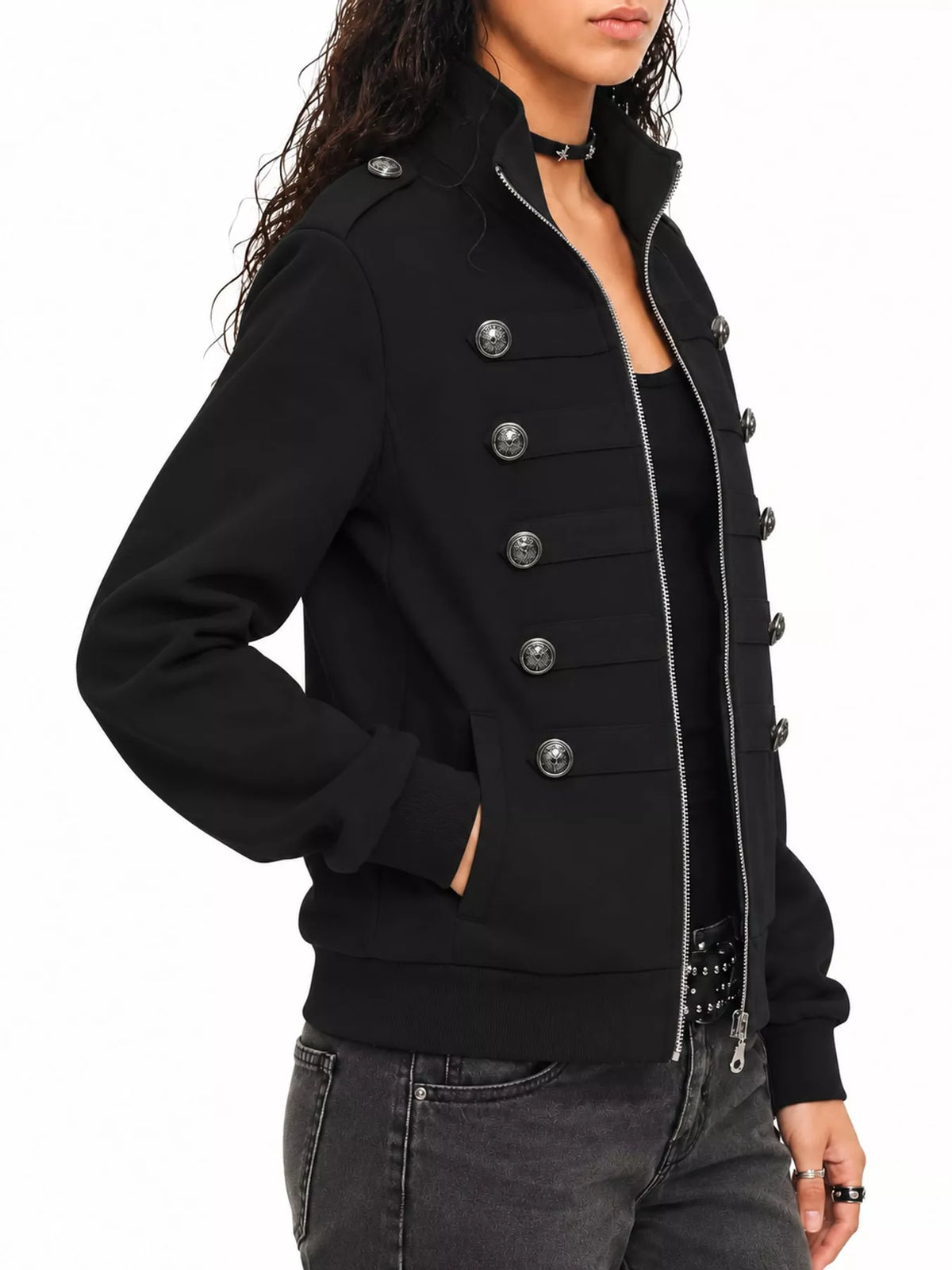 Lottie Military-Button Zip Jacket in Black, on model