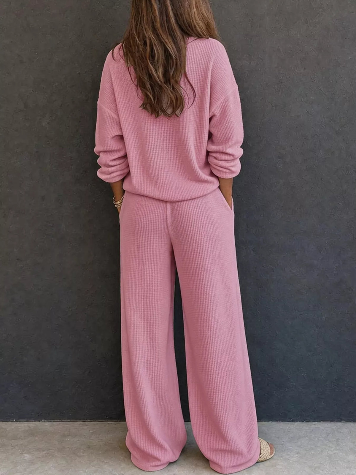 Thea Waffle-Knit Henley + Wide-Leg Pants Set in Pink, on model