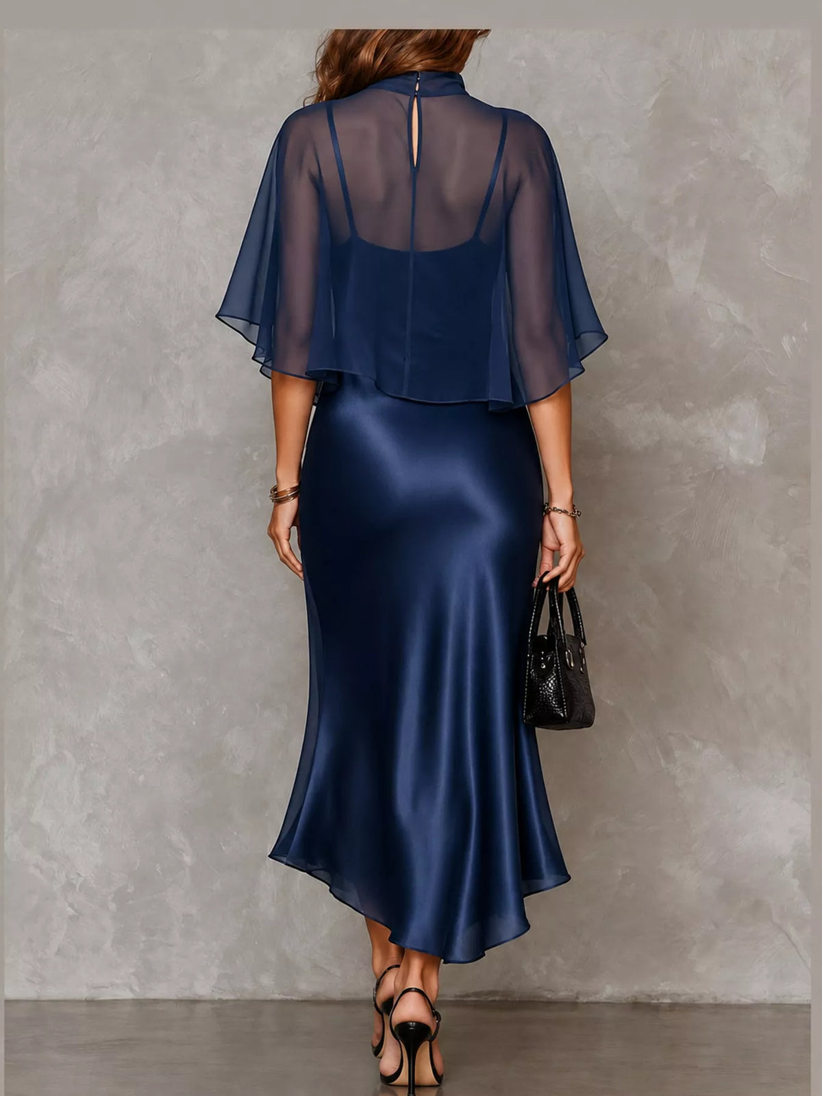 Calla Satin Slip Dress + Sheer Cape Set in Dark Blue, on model