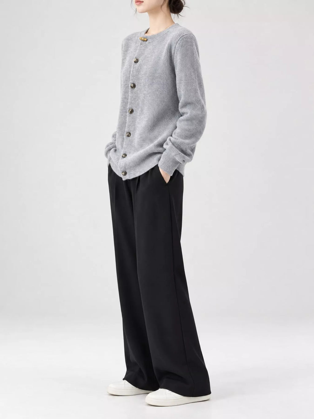 Nell Asymmetric Button Ribbed Cardigan in Light Gray, on model