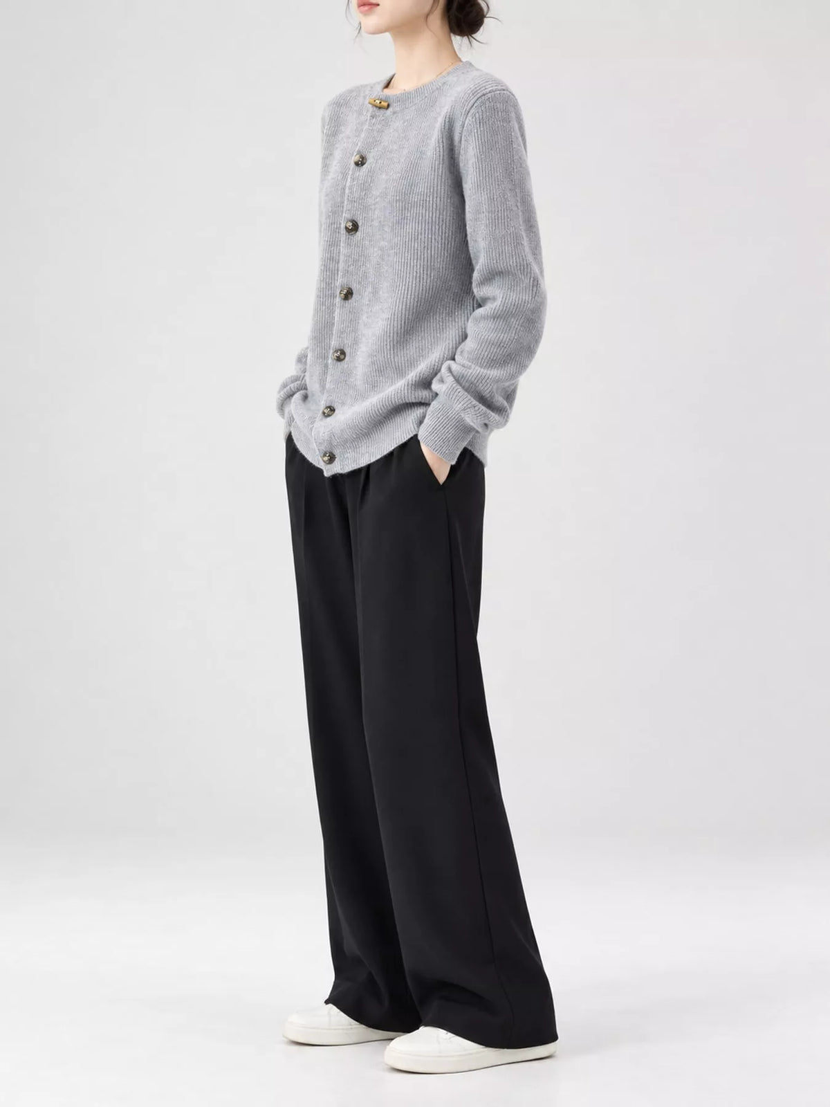 Nell Asymmetric Button Ribbed Cardigan in Light Gray, on model